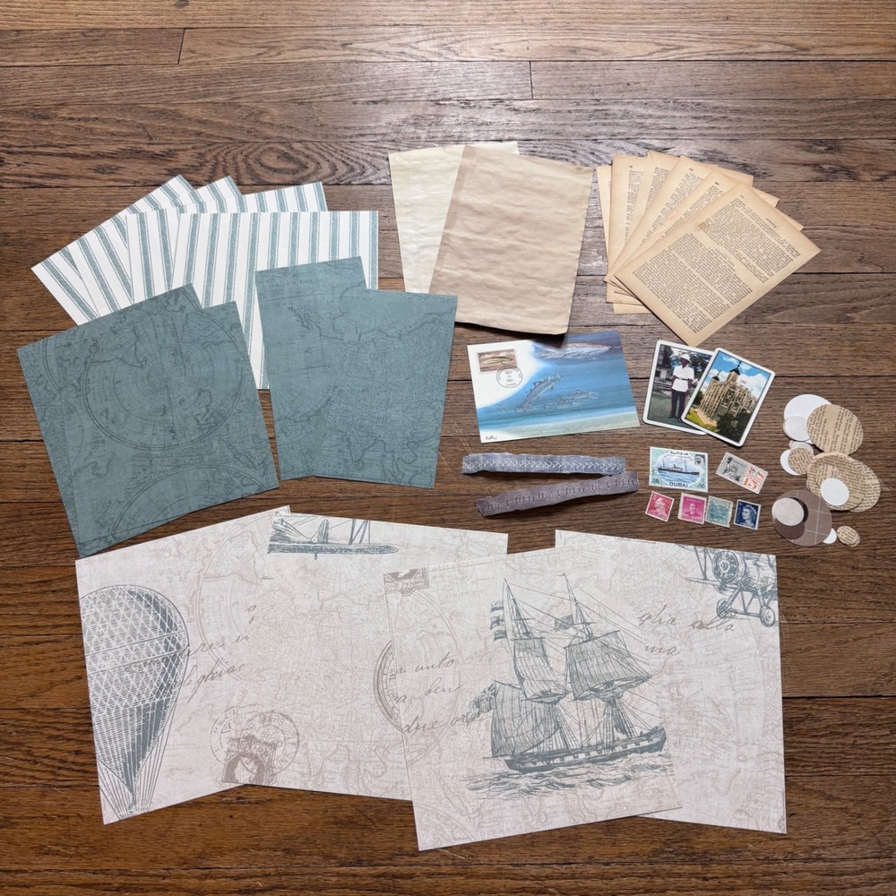 Junk journal Wallpaper, stamps, circles, cards postcard ephemera pack 2326